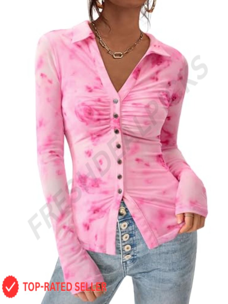 Women's Floral Button Down Blouse V Neck Mesh Long Sleeve Boho Top